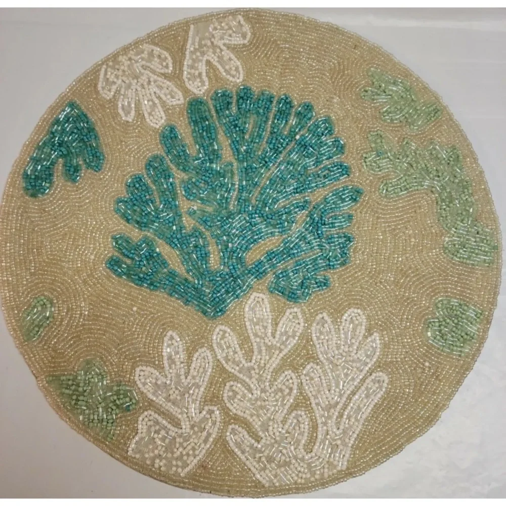 2x Coral Reef Beaded Placemat Coastal Round Centerpiece Charger Turquoise Cream